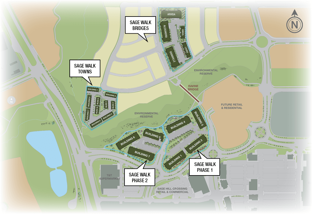 Site plan depicting Sage Walk Phase 1 and Phase 2 to the South of the site and Sage Walk Towns and Sage Walk Bridges to the North of the site.