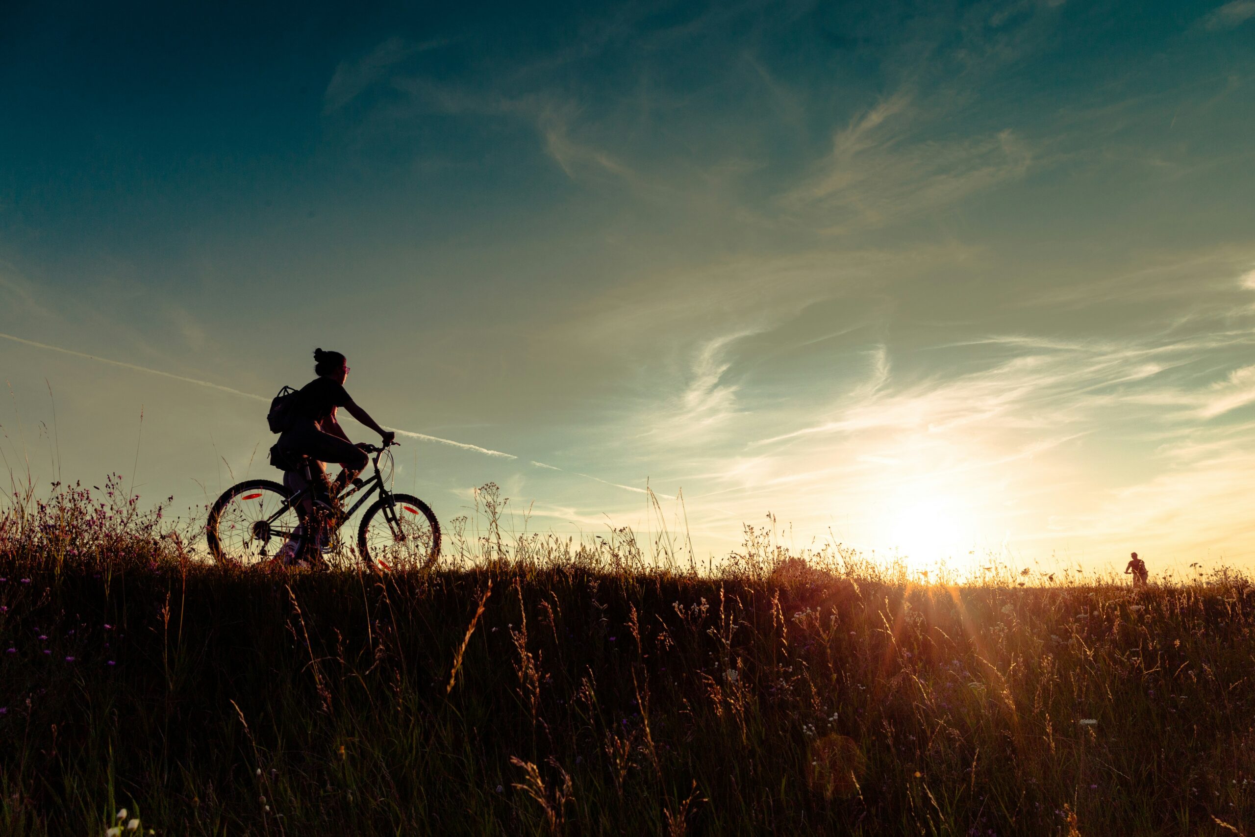 A person riding bike on trail through a grassy field with sunn setting.