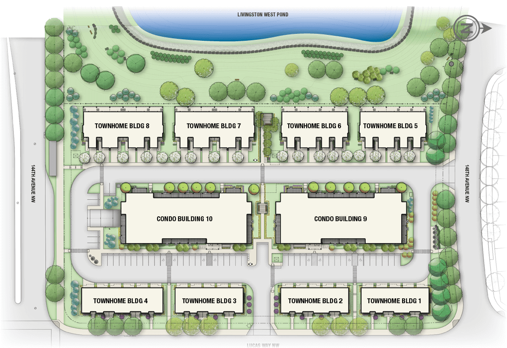 Site plan of Livingston Views depicting a pond to the west, two condo buildings, and placement of eight townhome blocks.
