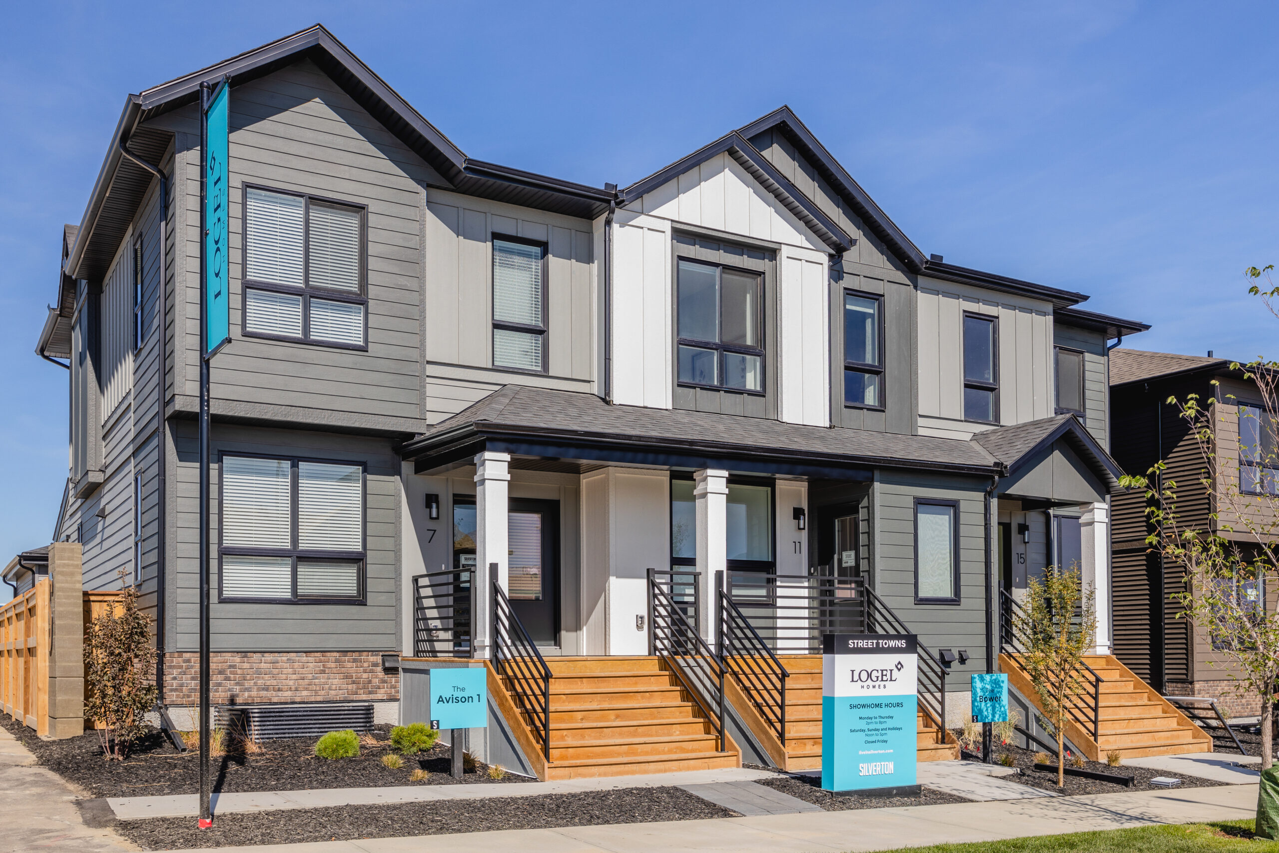 Exterior view of the Silverton Street Towns by Logel Homes show-home block.