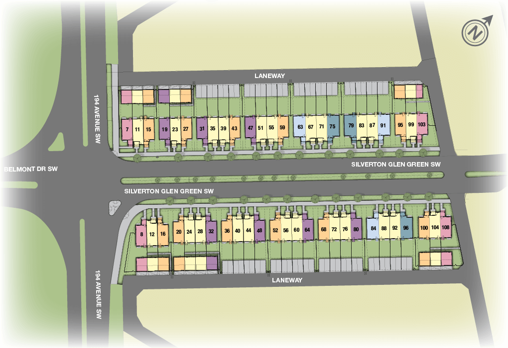 Silverton Site Plan showing the position of each townhome in their respective blocks.