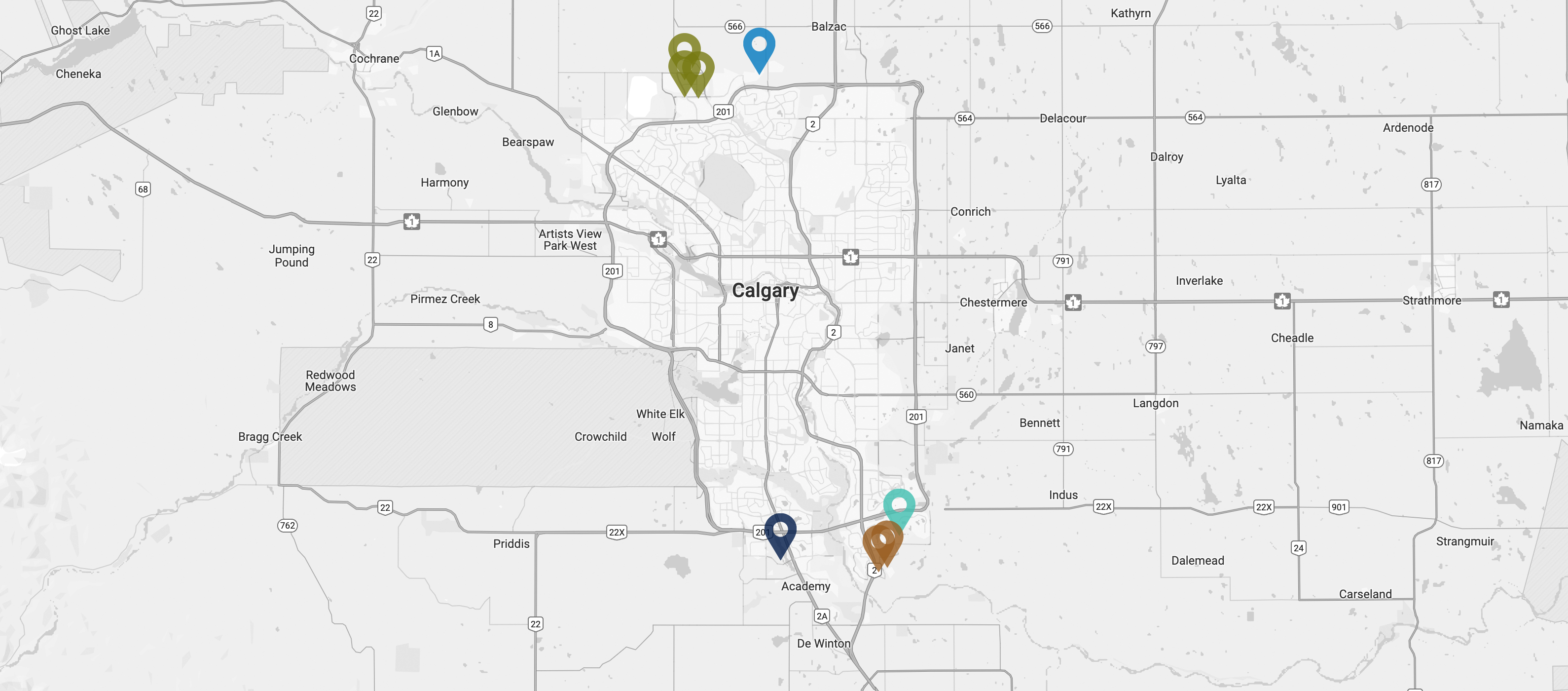 Image of a map of Calgary showing all of Logel Homes' developments from the North-West, South-West, and South-East.