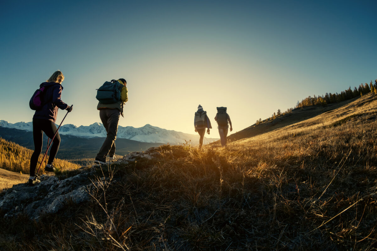 Group of young hikers walking in Canmore Alberta